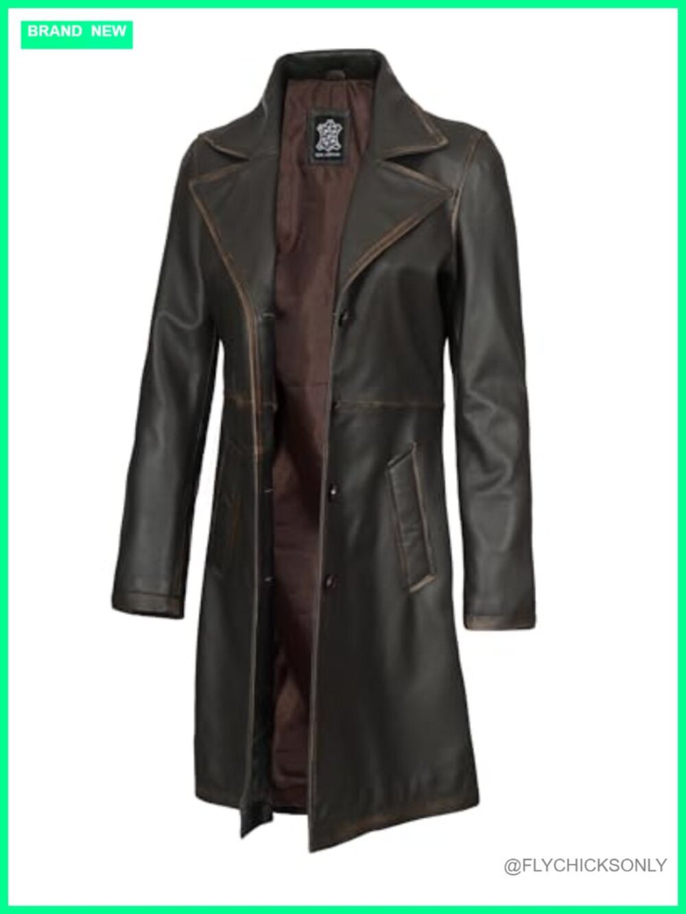 Lambskin Leather Long Trench Coat Button Pockets Cuff Sleeve